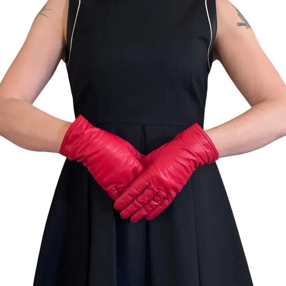 Vintage Red Leather Grandoe Warm Knit Lined Womens Wrist Gloves Size M